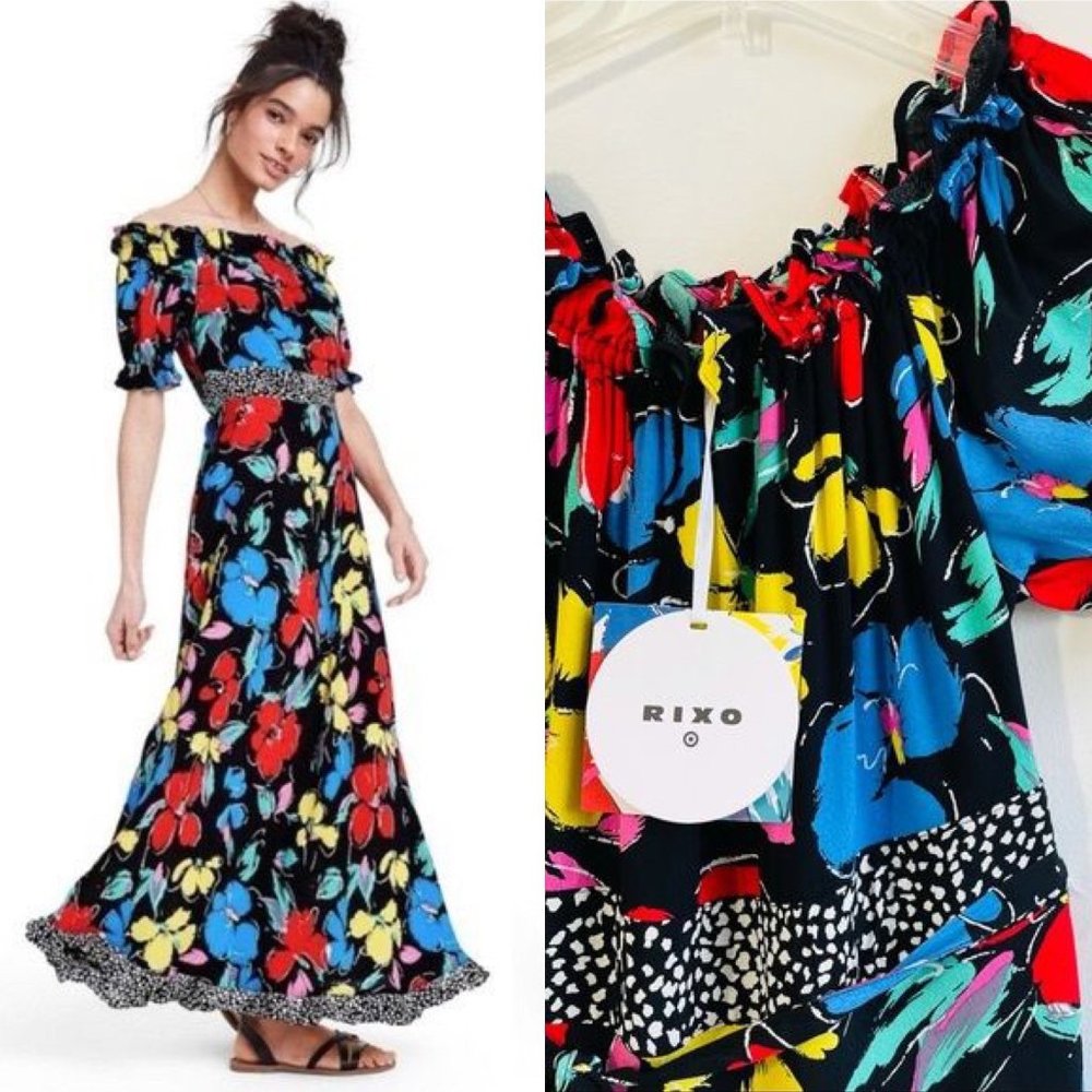 Rixo Woma's Dress Size 2 Black Off Shoulder Floral Print Smocked Maxi Small New